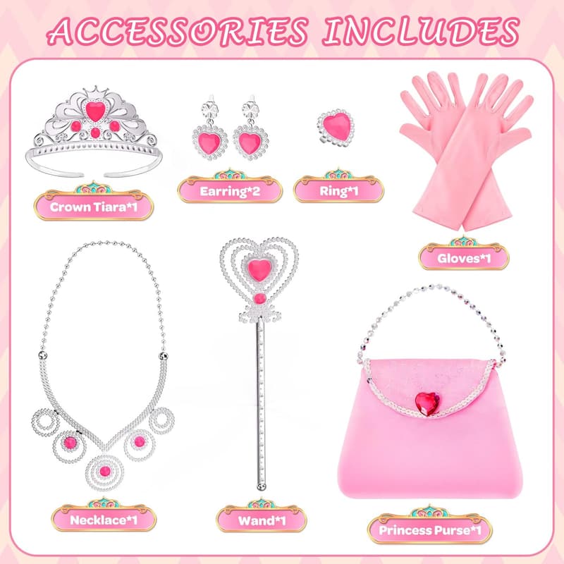 Princess Dress Up Set for Kids - 10 pcs Costume Toys with Cape, Crown, Wand, Jewelry