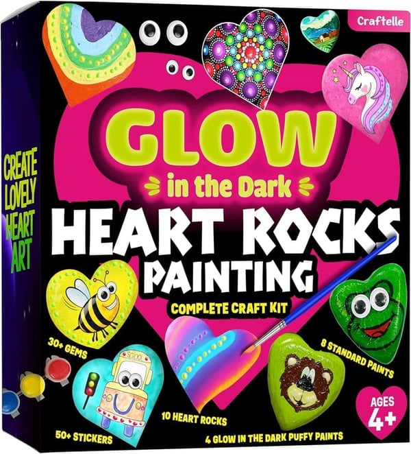 Glow-in-the-Dark Hearts Rock Painting Kit for Girls 4-12