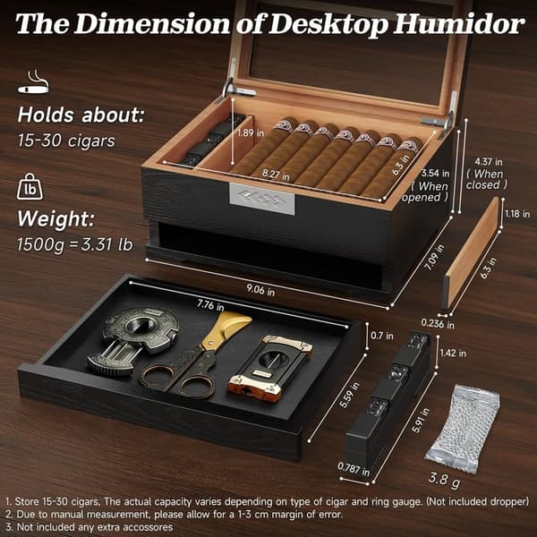 Cedar Wood Cigar Humidor with Digital Hygrometer and Accessories