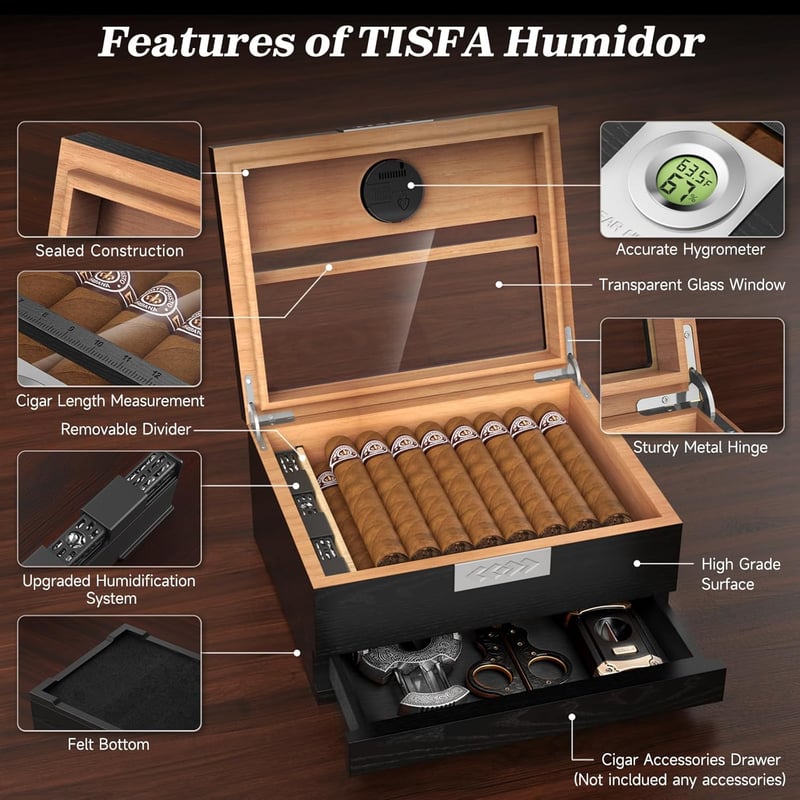 Cedar Wood Cigar Humidor with Digital Hygrometer and Accessories