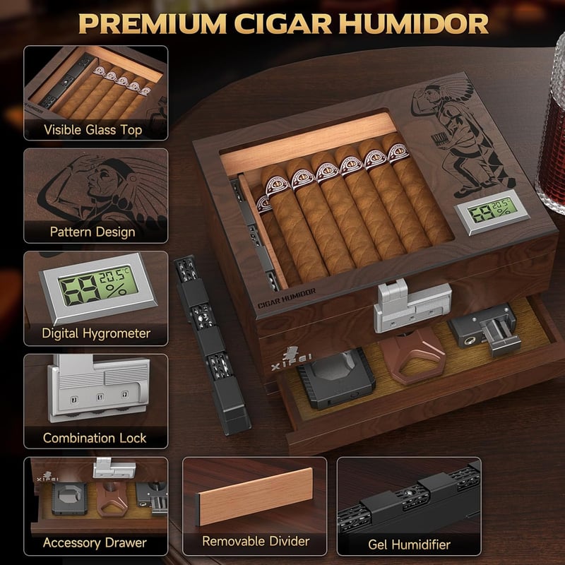 Cedar Wood Cigar Humidor with Digital Hygrometer & Lock