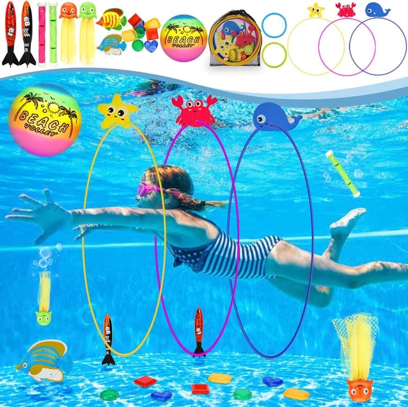 Pool Diving Toys Set for Kids, 27 Pieces with Swim Rings