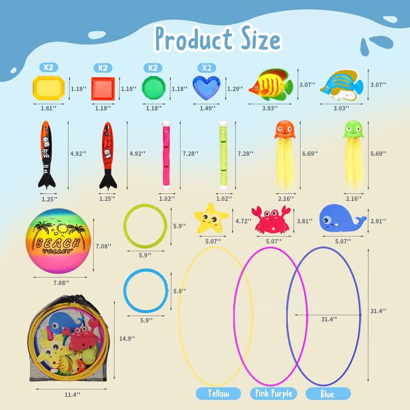Pool Diving Toys Set for Kids, 27 Pieces with Swim Rings