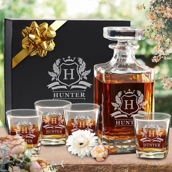 Personalized Whiskey Decanter Set with 4 Engraved Glasses
