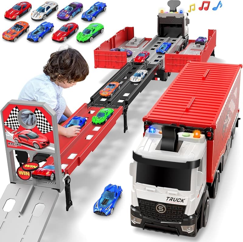 Foldable 3-Layer Carrier Truck Playset with 8 Race Cars for Kids