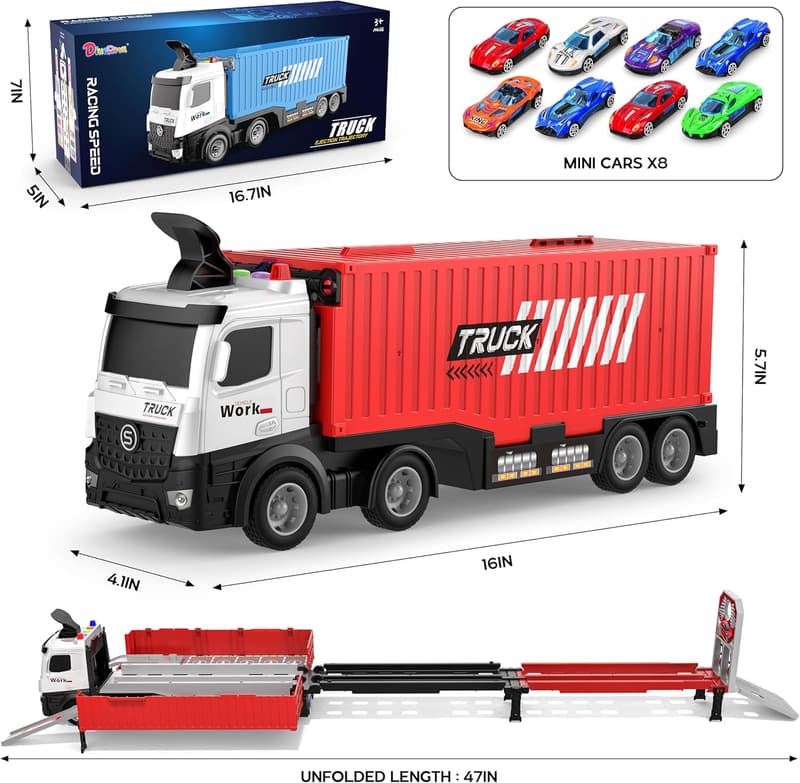 Foldable 3-Layer Carrier Truck Playset with 8 Race Cars for Kids