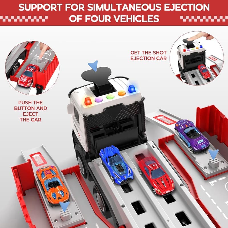 Foldable 3-Layer Carrier Truck Playset with 8 Race Cars for Kids