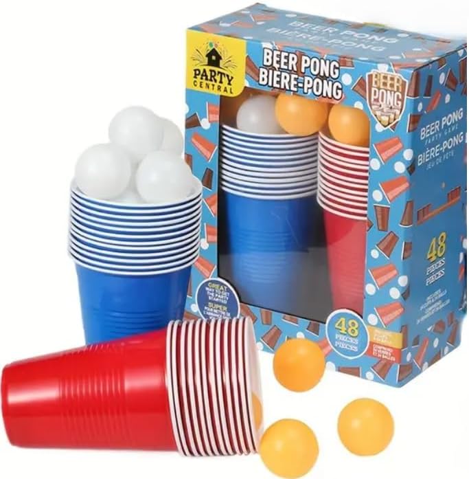Beer Pong Game Set with 12 Red, 12 Blue Cups & 24 Balls