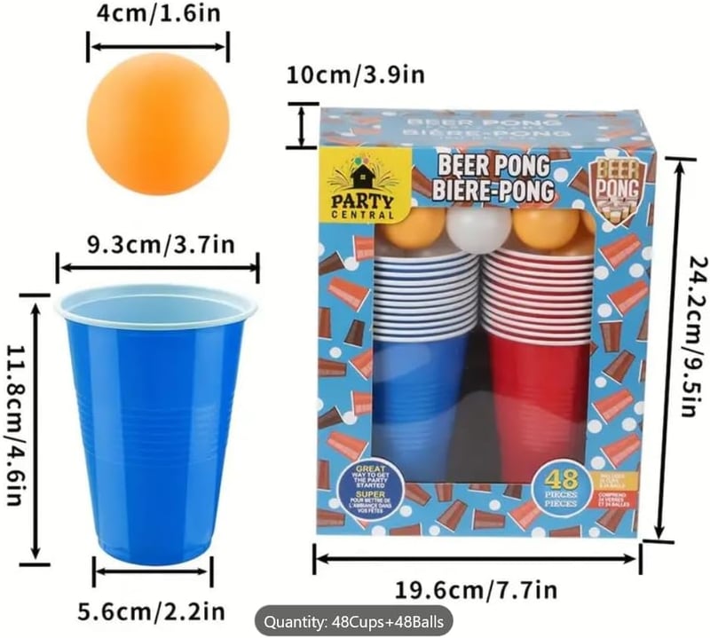 Beer Pong Game Set with 12 Red, 12 Blue Cups & 24 Balls