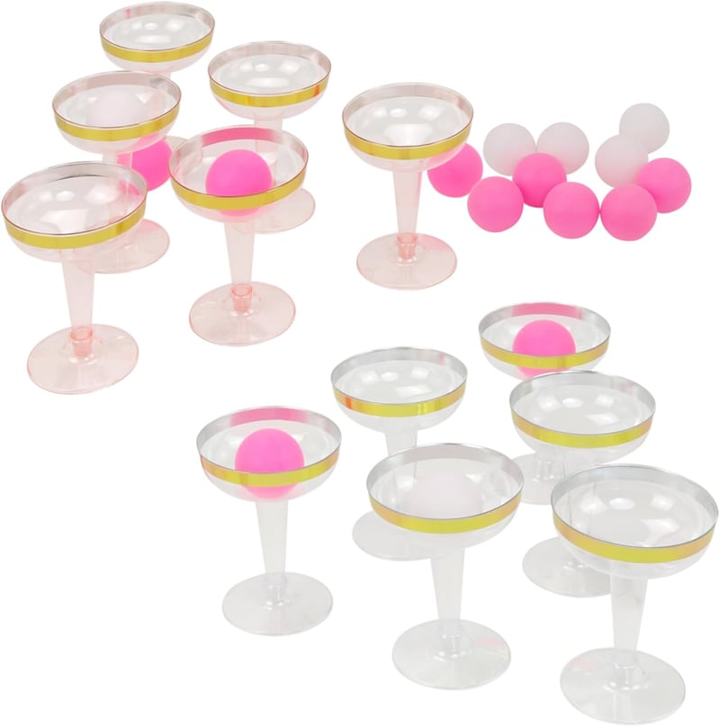 Champagne Pong Party Set - 12 Gold Cups, 9 Pink Balls