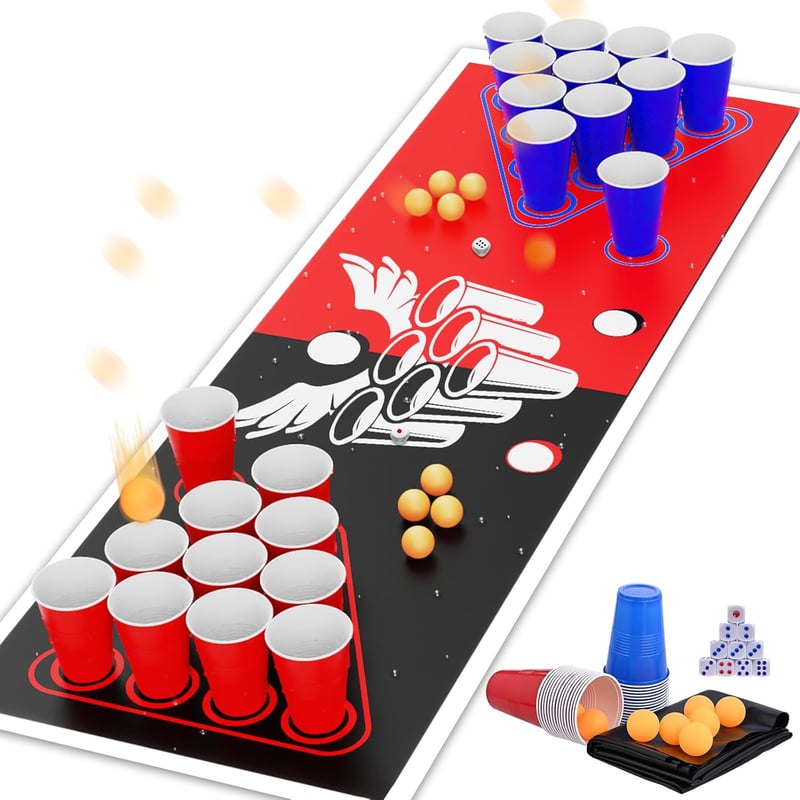 Beer Pong Table Mat Set with Cups & Balls for Adult Parties