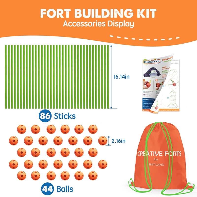 Creative Fort Building Kit for Kids Age 5-8 - 86 Rods & 44 Balls