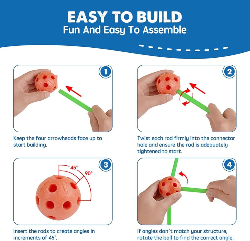Creative Fort Building Kit for Kids Age 5-8 - 86 Rods & 44 Balls