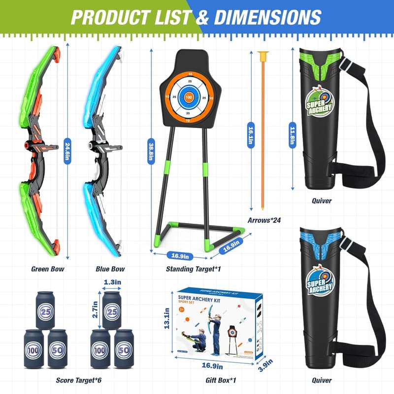 LED Light Up Archery Set with Target & Arrows for Kids Ages 4-8