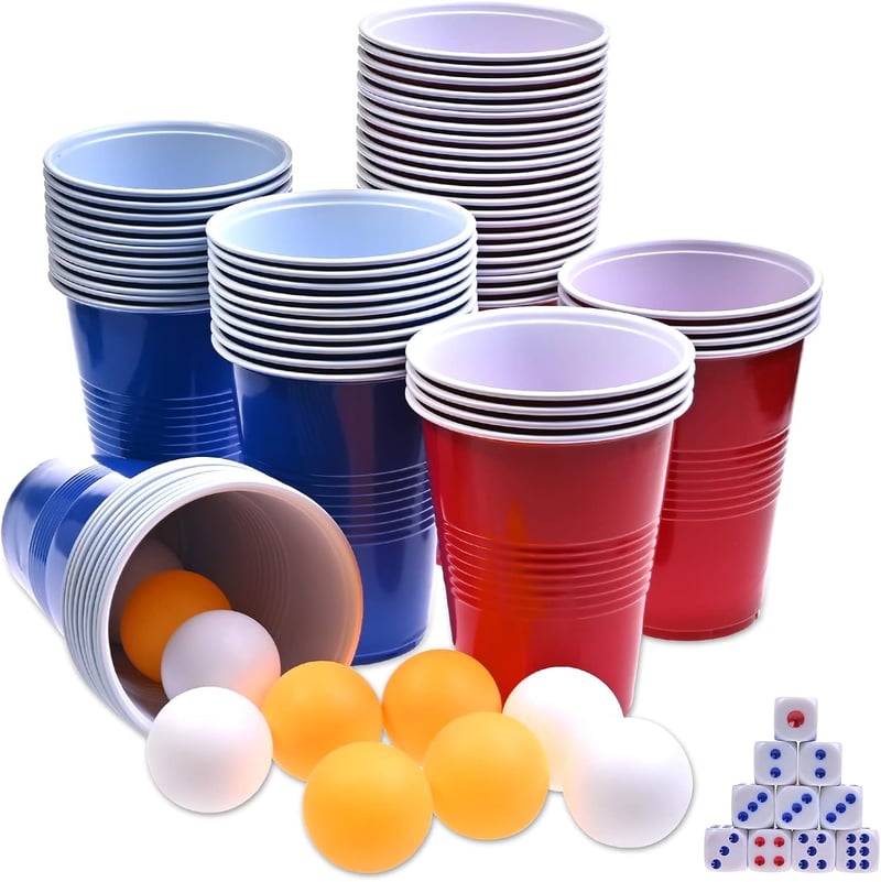 Party Game Set: 60 Red & Blue Plastic Cups with 10 Ping Pong Balls