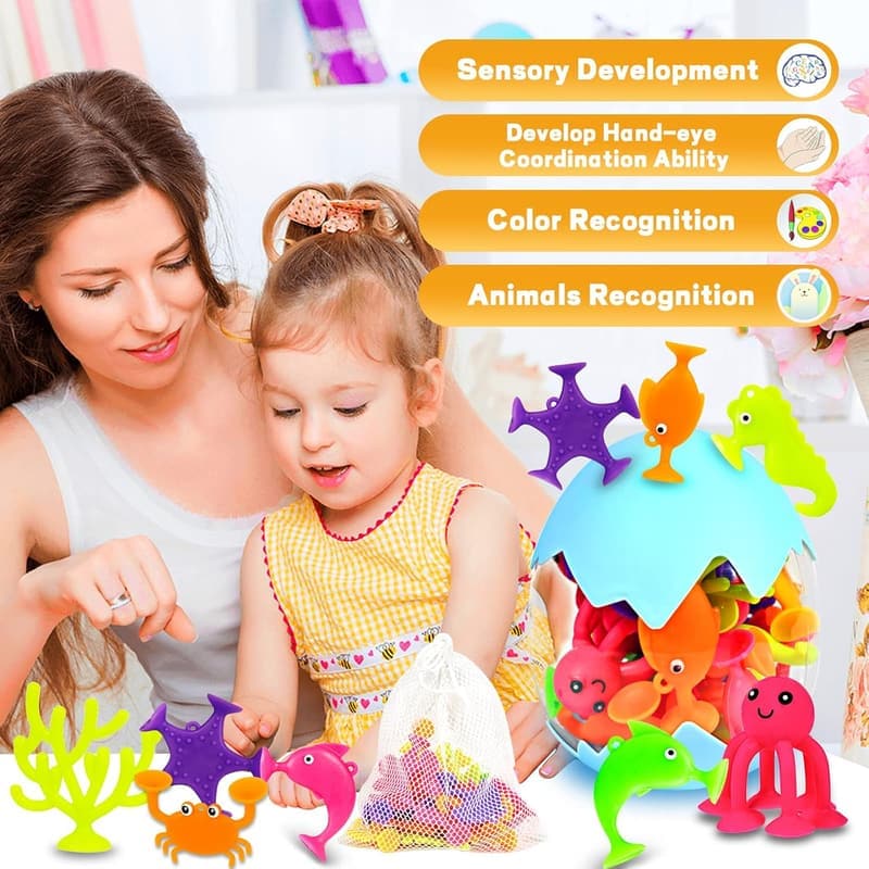 Ocean Animal Bath Toys Set for Toddlers - 18 Pcs Silicone Cups