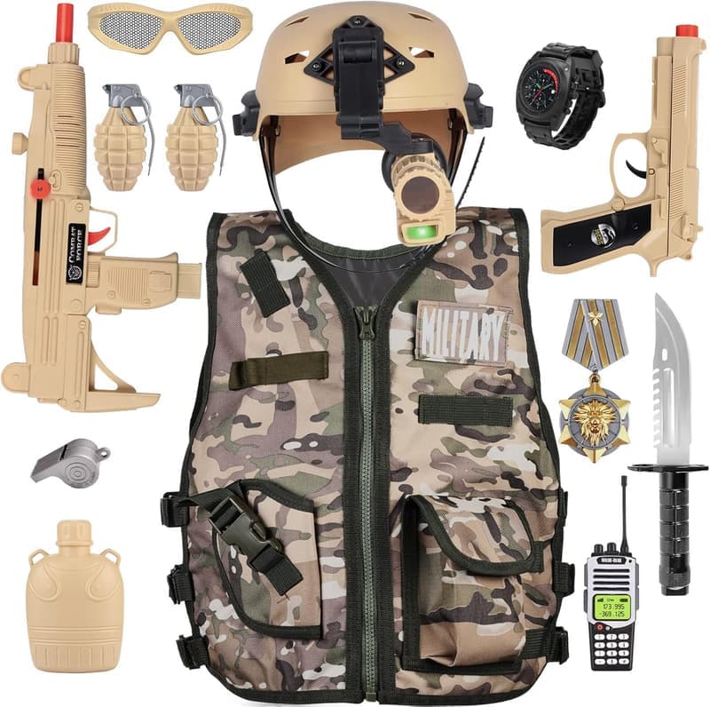 Kids Army Soldier Costume Set with Camouflage Vest & Accessories