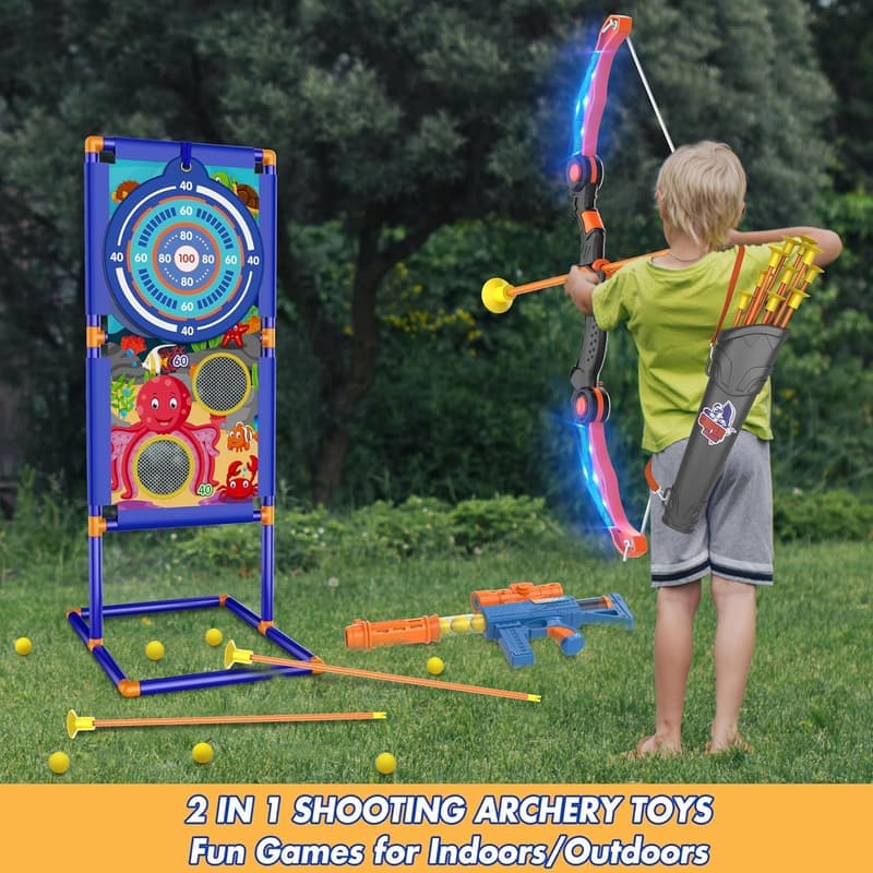 Kids LED Bow and Arrow Set - 2-in-1 Indoor/Outdoor Toy