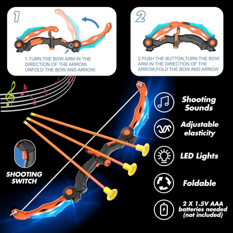 Kids LED Bow and Arrow Set - 2-in-1 Indoor/Outdoor Toy