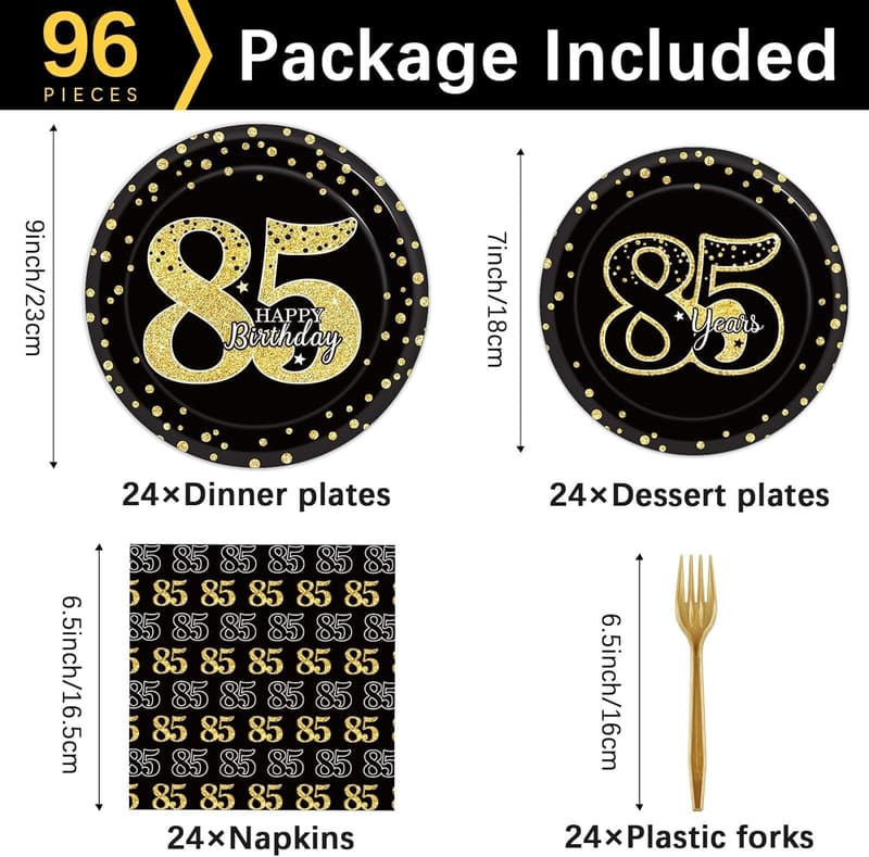 85th Birthday Party Supplies - Tableware & Decorations for 24 Guests