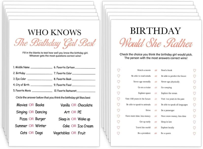 Birthday Party Games - Who Knows the Birthday Girl Best - Set of 20 Cards