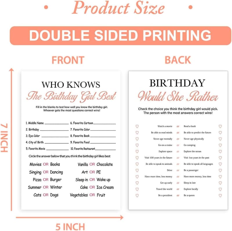 Birthday Party Games - Who Knows the Birthday Girl Best - Set of 20 Cards