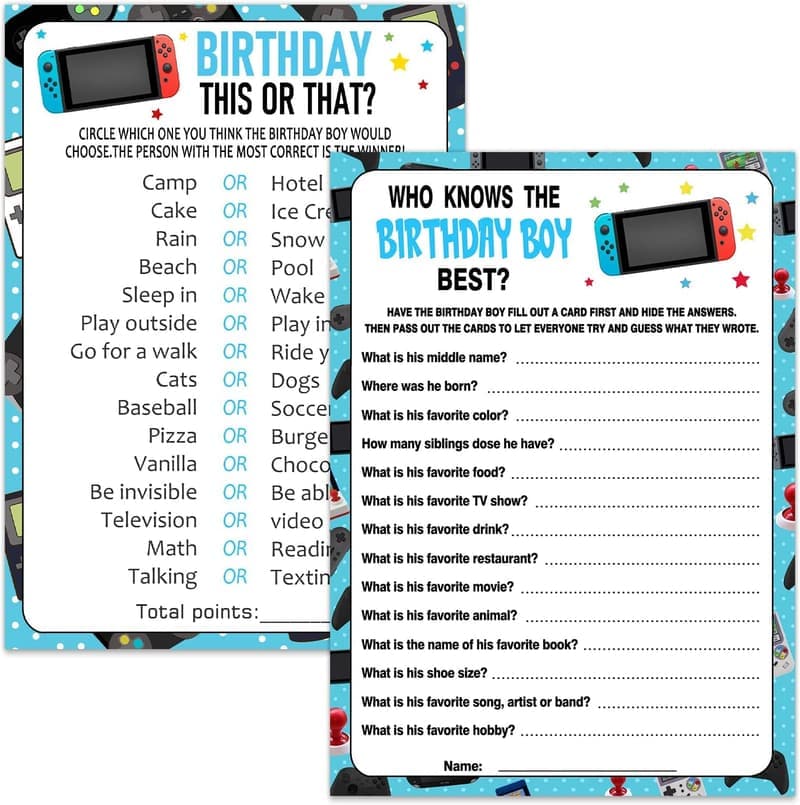 20 Birthday Game Cards - This Or That & Who Knows Best Activity