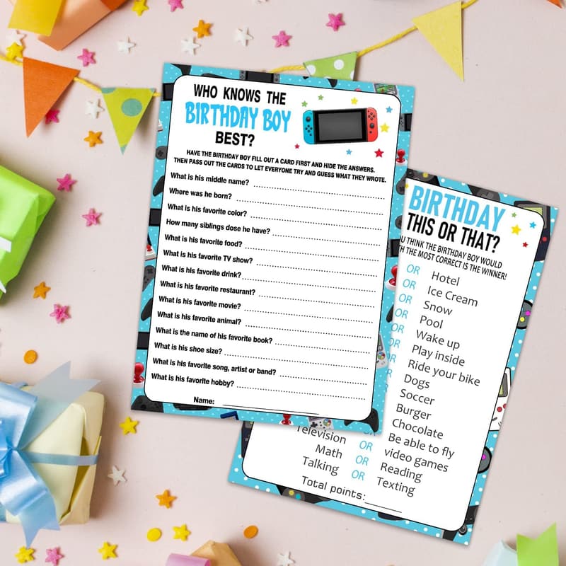 20 Birthday Game Cards - This Or That & Who Knows Best Activity