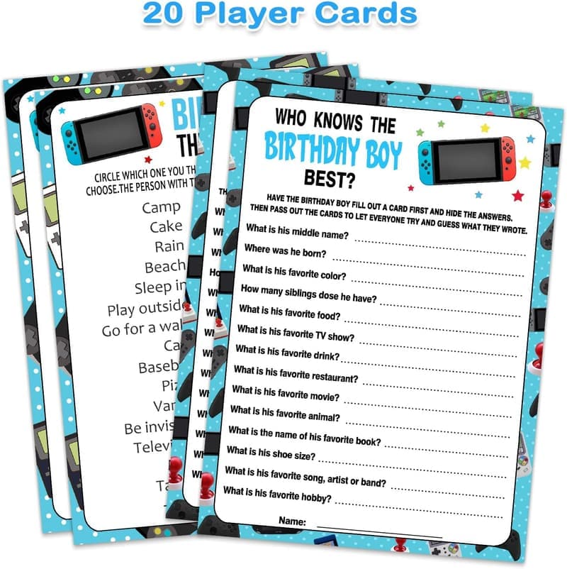 20 Birthday Game Cards - This Or That & Who Knows Best Activity