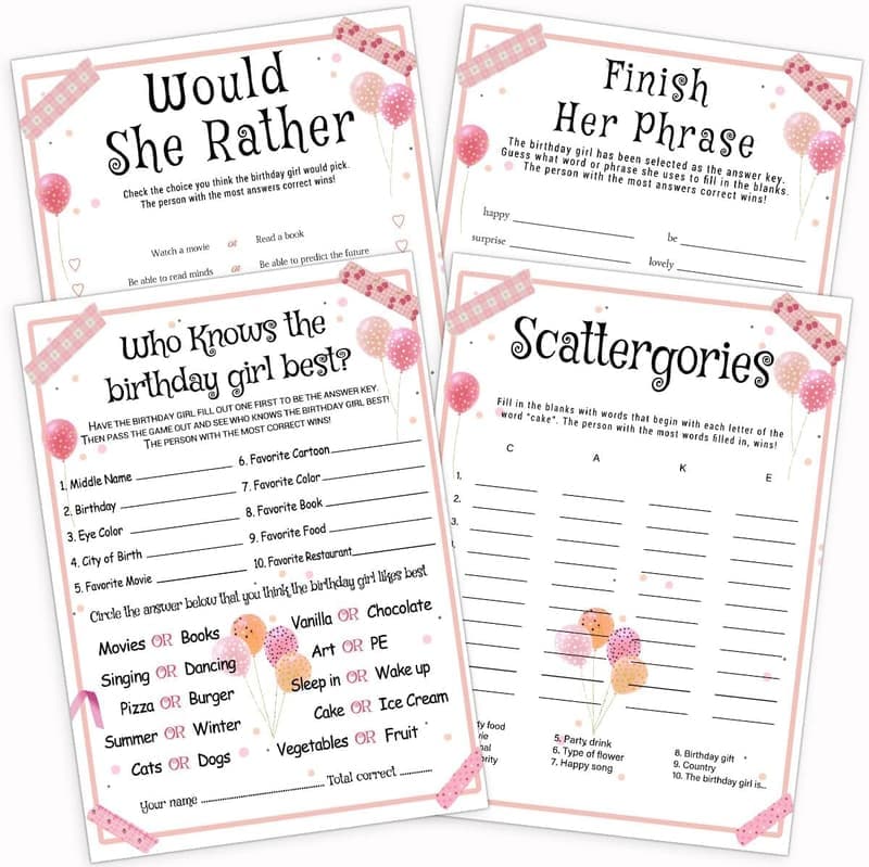 Birthday Party Games Set for Girls - 20 Double-Sided Cards