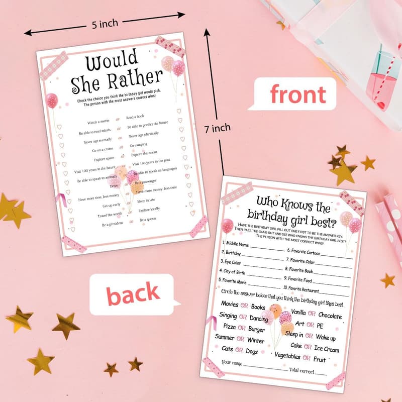 Birthday Party Games Set for Girls - 20 Double-Sided Cards