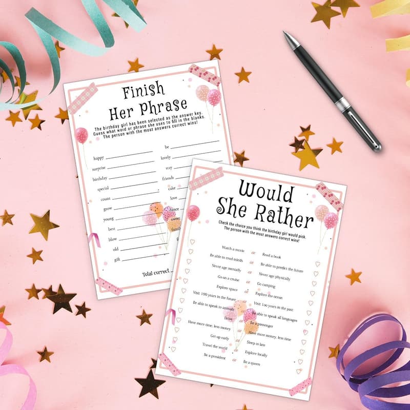 Birthday Party Games Set for Girls - 20 Double-Sided Cards