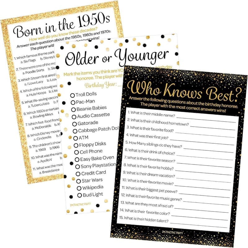70th Birthday Black and Gold Party Game Bundle - Set of 3