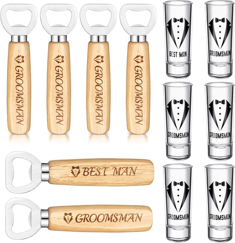 Groomsmen Proposal Set: 12 Shot Glasses & Bottle Openers