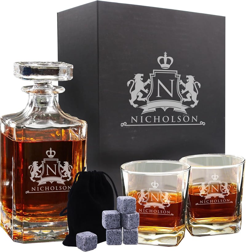 Personalized Whiskey Decanter Set with Engraved Lion Design