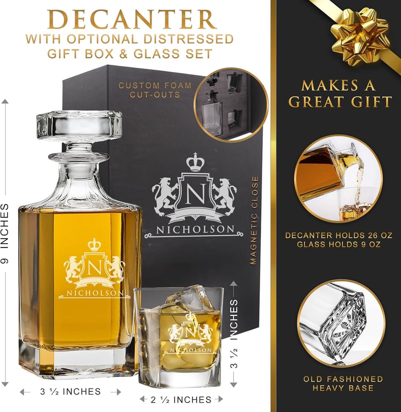 Personalized Whiskey Decanter Set with Engraved Lion Design