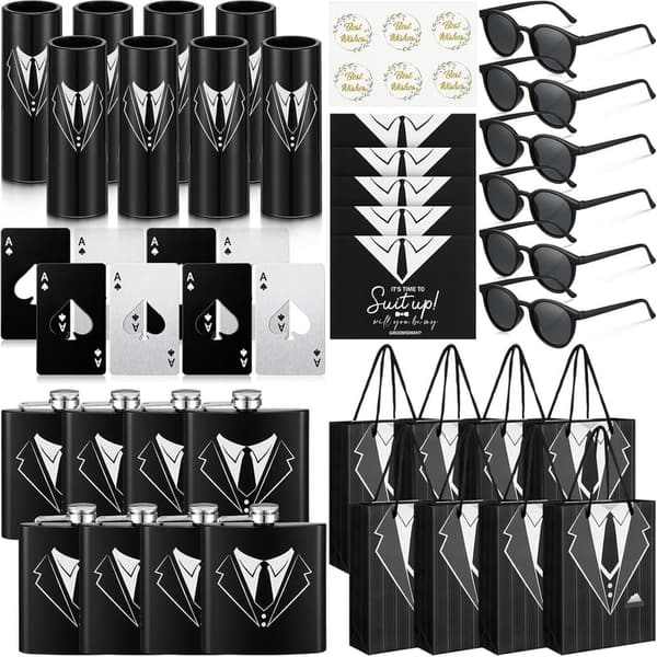 Groomsmen Gift Set: 48 Pcs Stainless Steel Flasks & Accessories