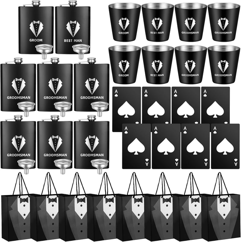 Groomsmen Gift Set: 8 Stainless Steel Flasks, Glasses & Accessories