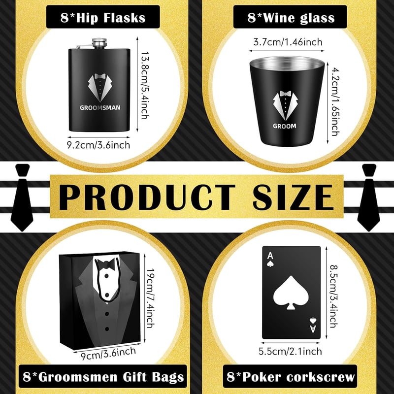 Groomsmen Gift Set: 8 Stainless Steel Flasks, Glasses & Accessories