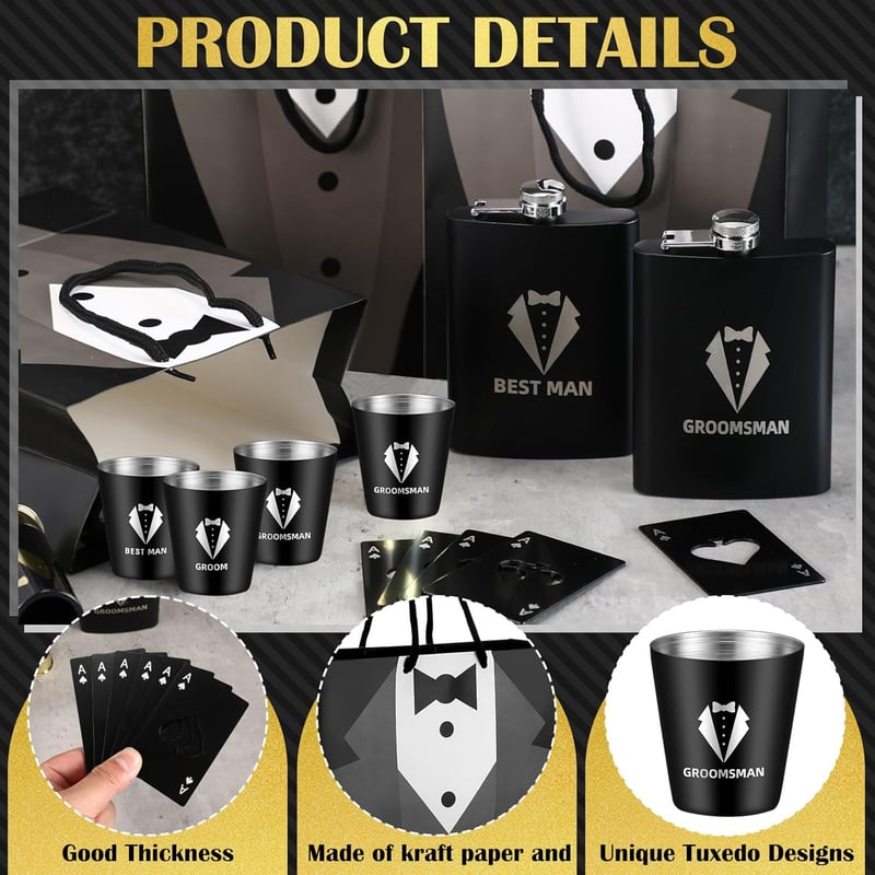 Groomsmen Gift Set: 8 Stainless Steel Flasks, Glasses & Accessories