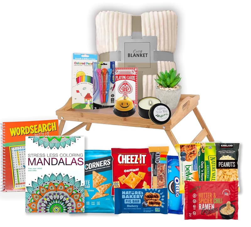 Get Well Soon Gift Basket | Care Package with Tray, Snacks & Blanket
