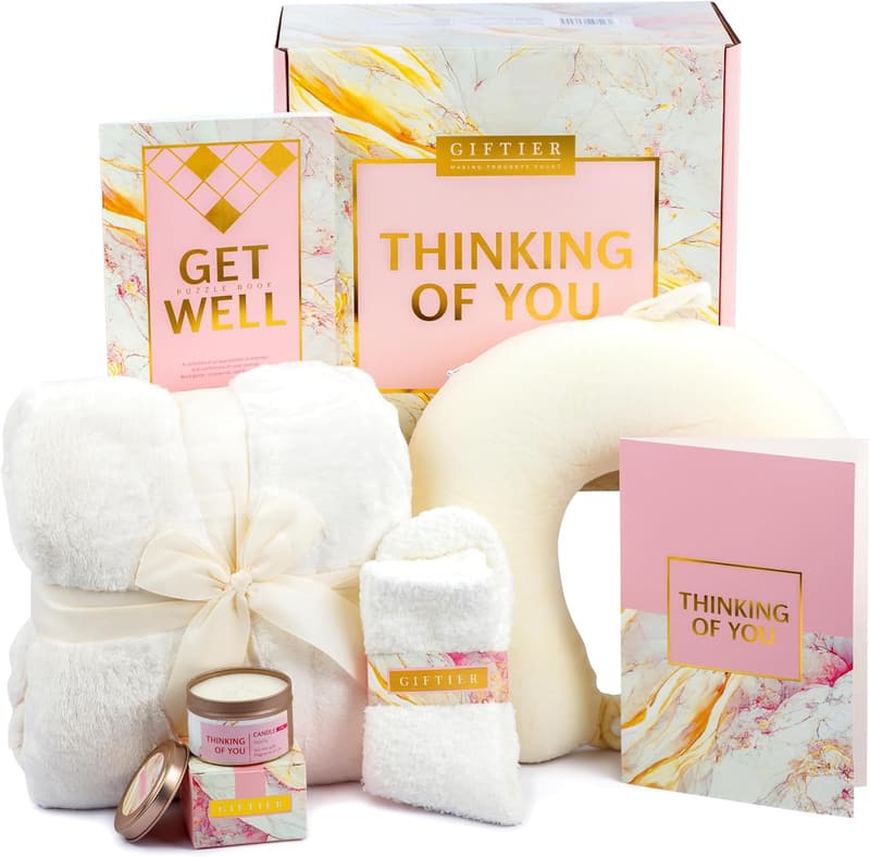 Get Well Soon Gift Basket for Women - Care Package with Pillow, Blanket, Candle, Socks, and Puzzle Book