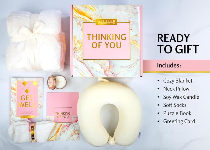 Get Well Soon Gift Basket for Women - Care Package with Pillow, Blanket, Candle, Socks, and Puzzle Book