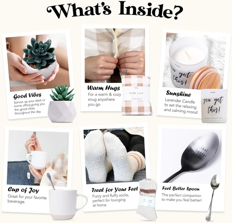 Get Well Soon Gift Basket for Women – Care Package with Blanket, Candle, Socks, Mug, Spoon, Succulent