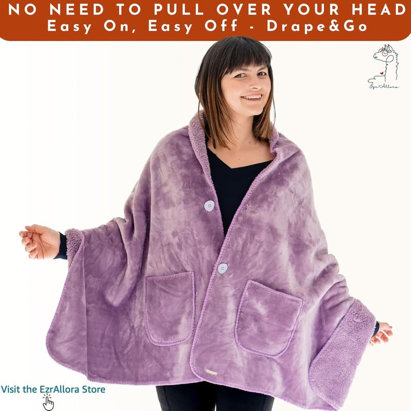 Lightweight Fleece Poncho Blanket - Velvet Lavender, Gift for Mom