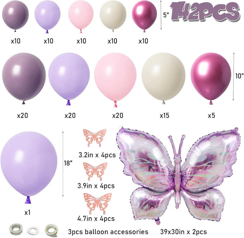 Butterfly Balloon Arch Kit - 142 pcs Pastel Pink & Purple for Baby Shower