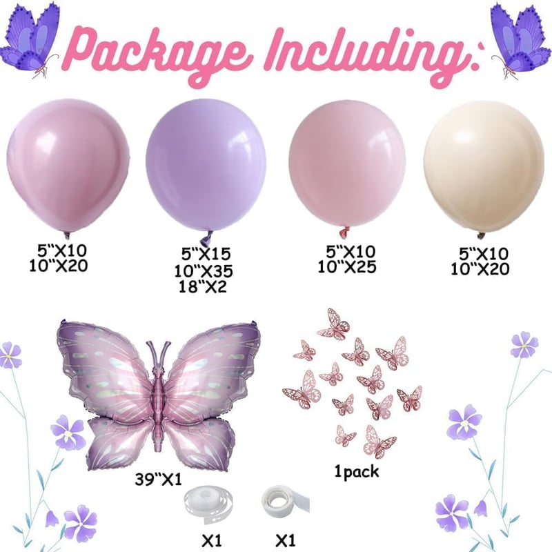 Purple Butterfly Balloon Arch Kit - 150 Pcs for Baby Shower