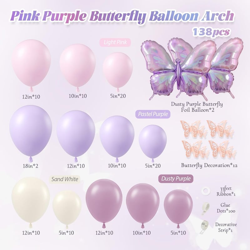 Pink and Purple Butterfly Balloon Arch Kit for Birthday & Baby Shower