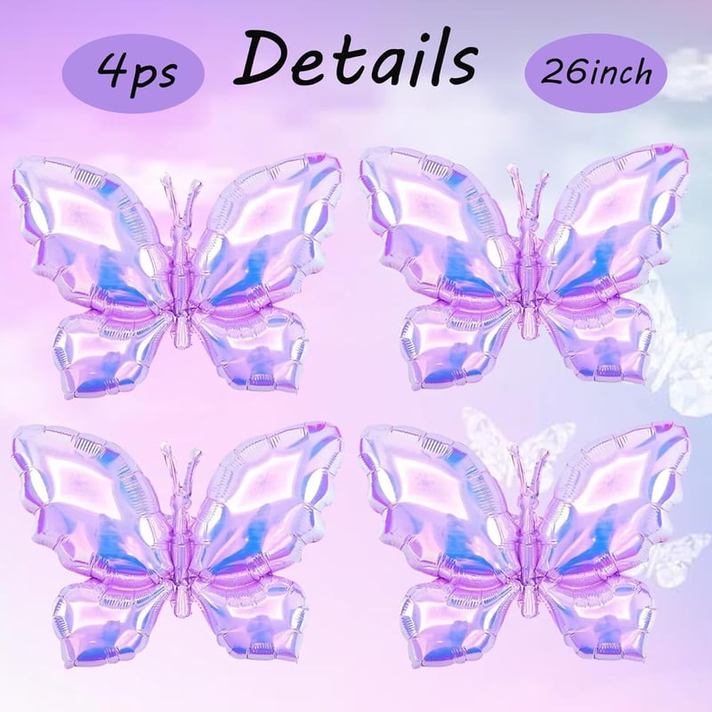 Rainbow Butterfly Mylar Balloons - 4pcs Party Decorations