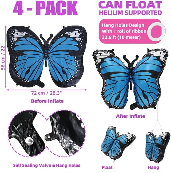 Butterfly Theme Party Balloon Kit – 4 Foil Balloons, 28 Inches